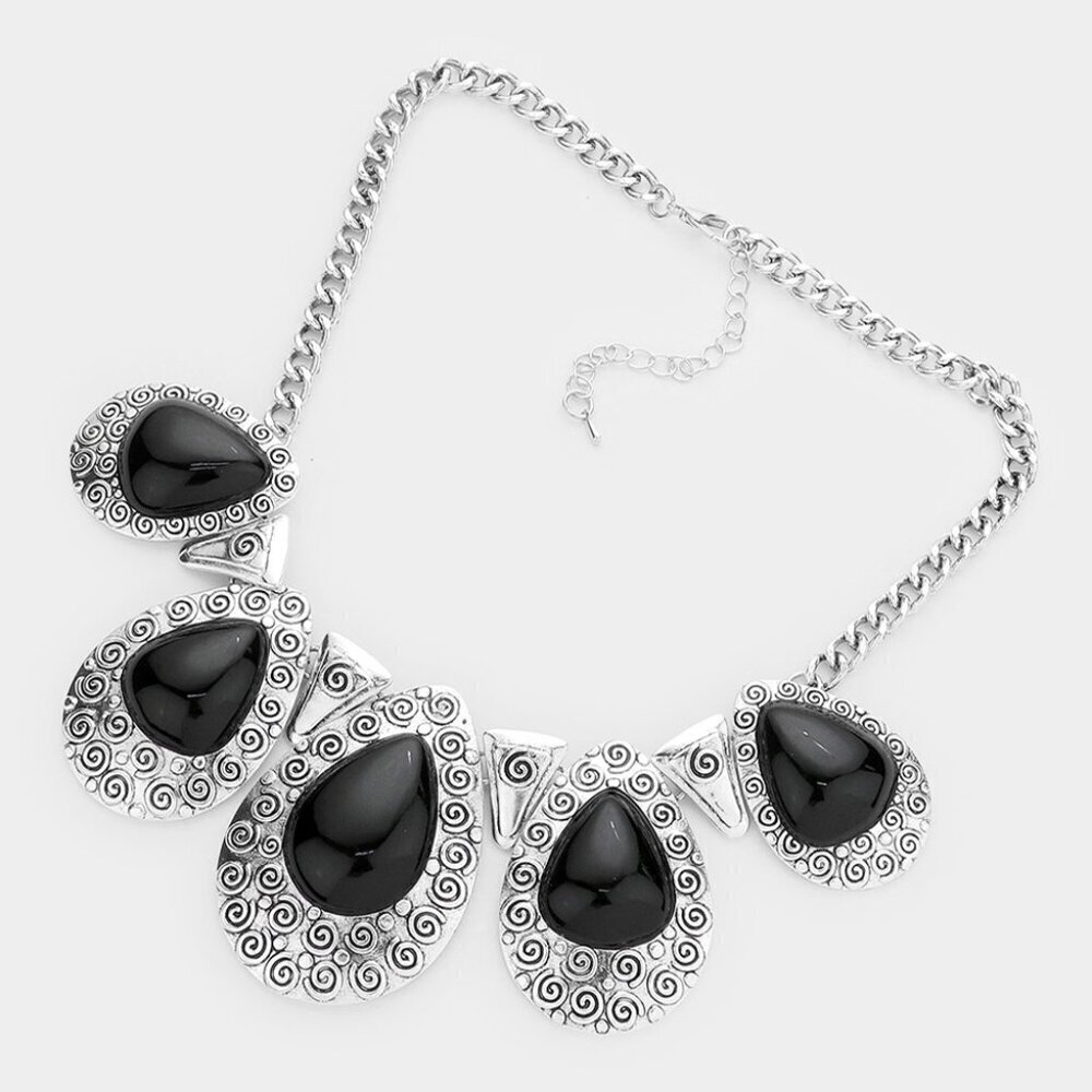 NEW Bohemian Black Oval Stone Silver Emobssed Necklace Set